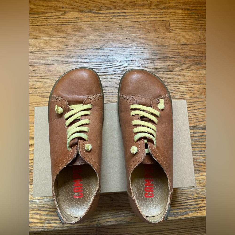 Camper Brown Leather Loafers with Yellow Laces